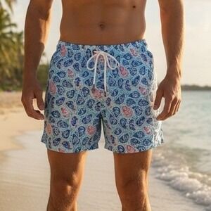 Simply Southern Outfitters Mens Oyster Print Swim Trunks Blue Pink XL New